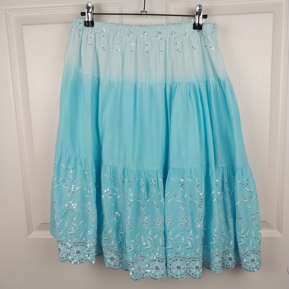 Women's Small to Medium Blue Ombre Bedazzled Floral Tiered Skirt